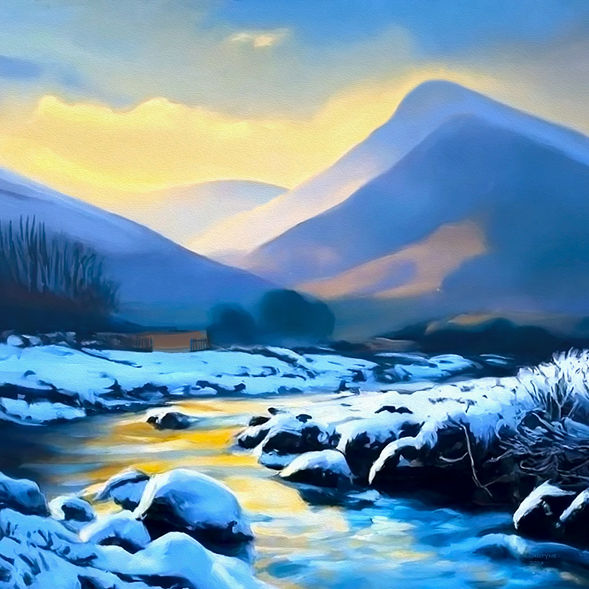 Ireland winter snow hills river sunset sky -pillow cushion cover mug greeting card tote bag jigsaw