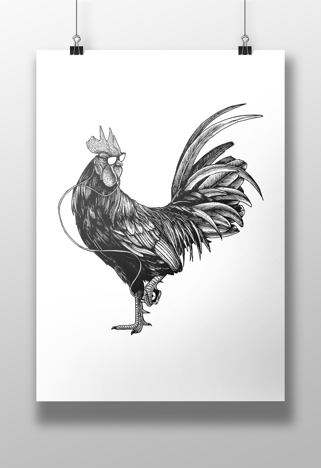 Rooster animal black and white black handemade dotwork ipod