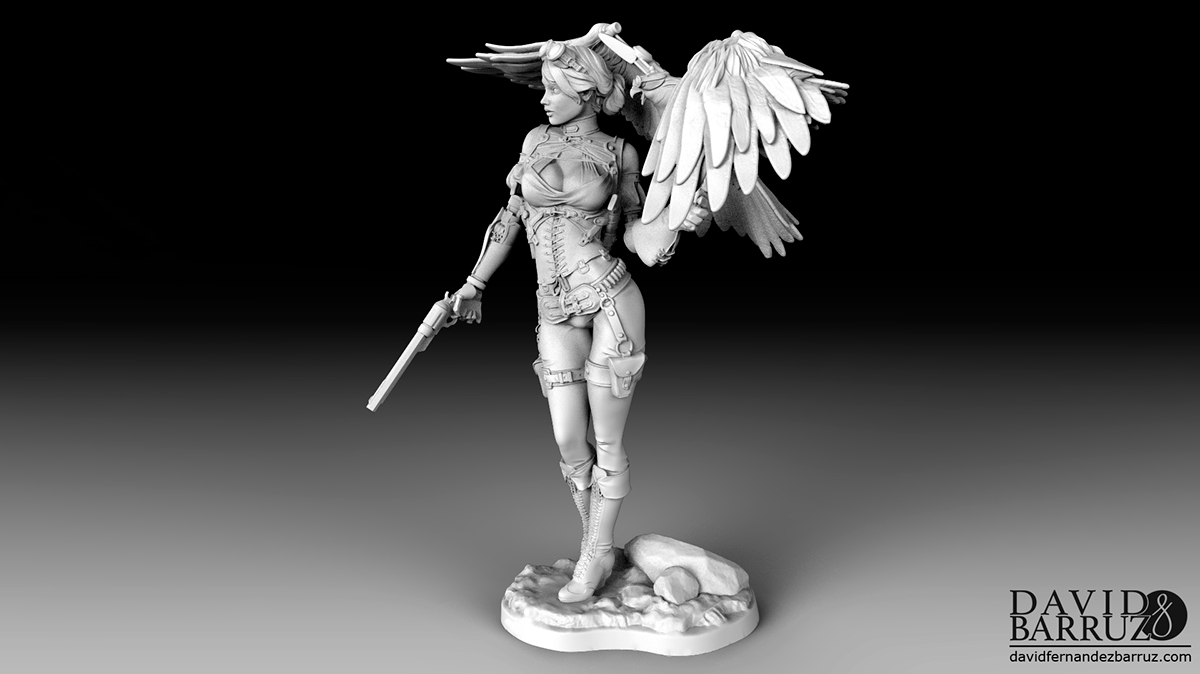 STEAMPUNK Zbrush sculpture Miniature 3D Character girl falcon