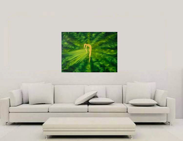 feminine Radiance canvas Oils acrylic green yellow gold Paintings medium Varnish