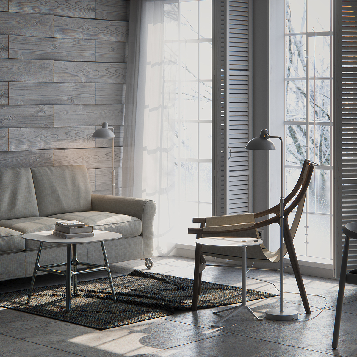 Interior living room kitchen apartment light 3D visualization CGI Render selection Double-aye furniture design modern vray