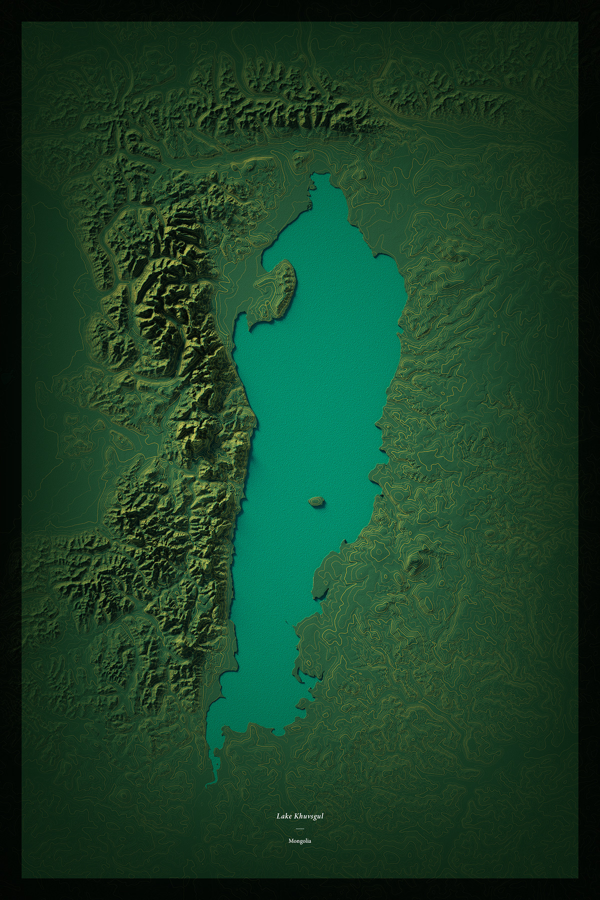 Cartographic map (data visualization) of lake Khuvsgul. Tools: Blender, Photoshop, Illustrator