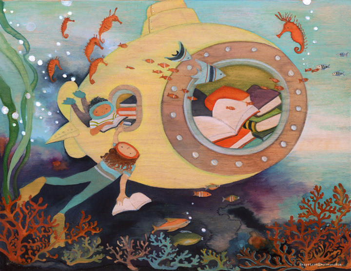 deep underwater sea Whale fish book children Ocean wood whimsical fantasy dream