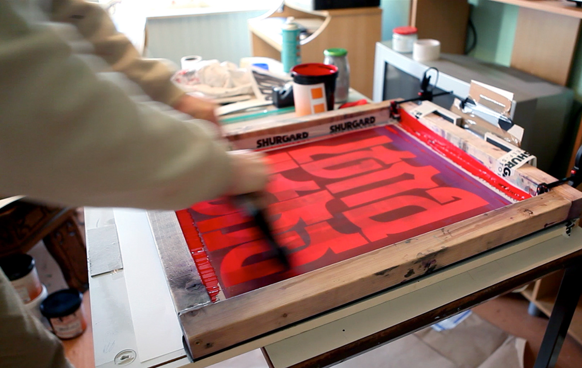 screenprint poster letters multiply red grey handpulled silkscreen