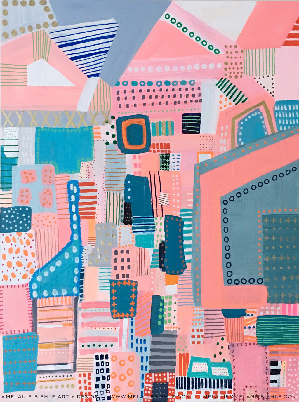pattern stripes whimsical city energy abstract feminine commission art painting  
