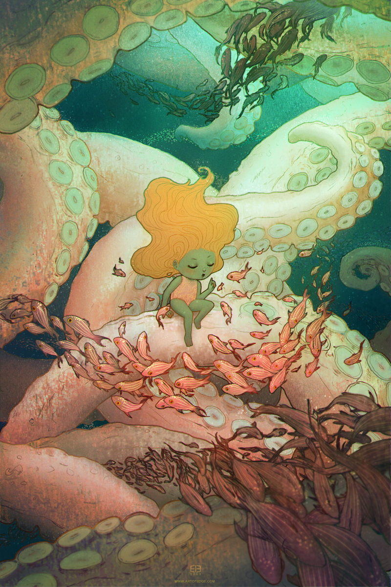 mermaid little girl octopus fish sea Ocean underwater story
