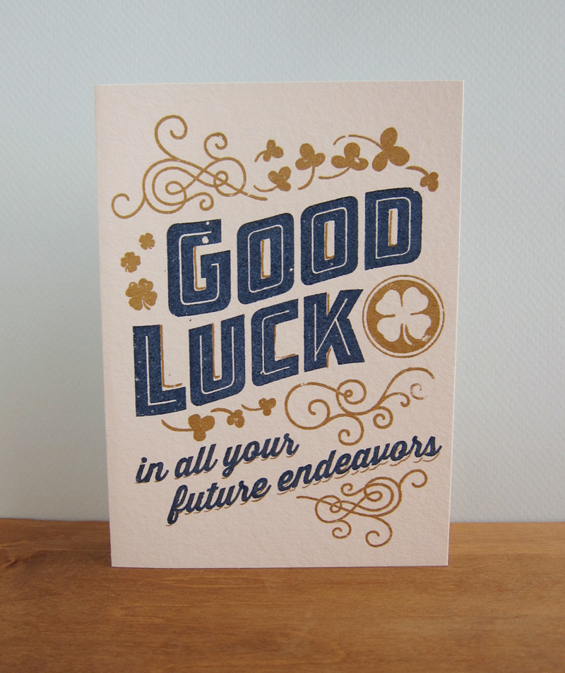 gocco silk screen gold ink greeting card old fashioned ornate navy luck