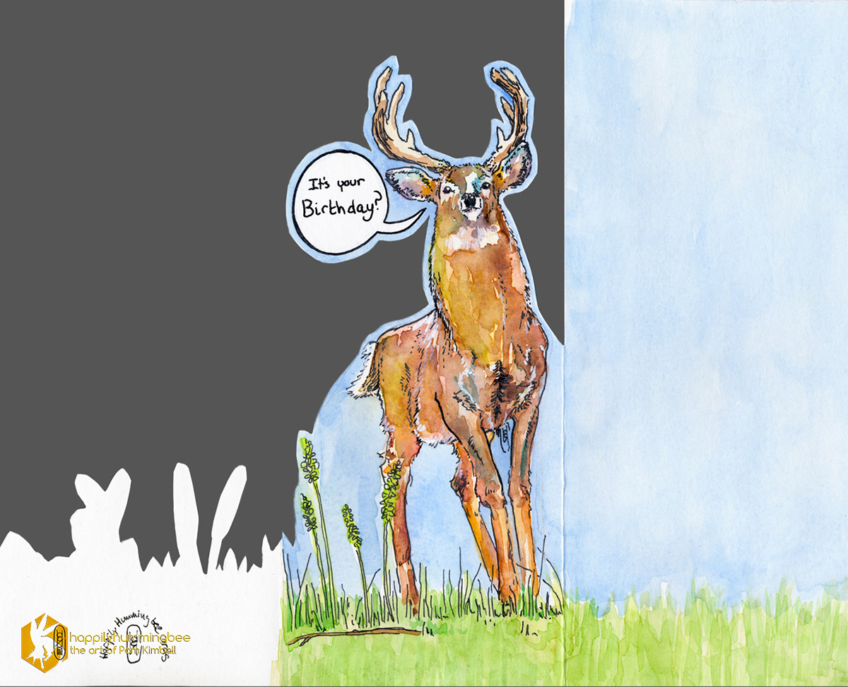 gift ILLUSTRATION  watercolor ink painting   happy Birthday card handmade deer