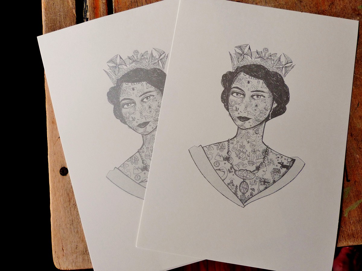 screen printing sérigraphie the queen england print club limited edition tattoo tattooed queen silk screen crown Elisabeth II portrait back and white royal tradition