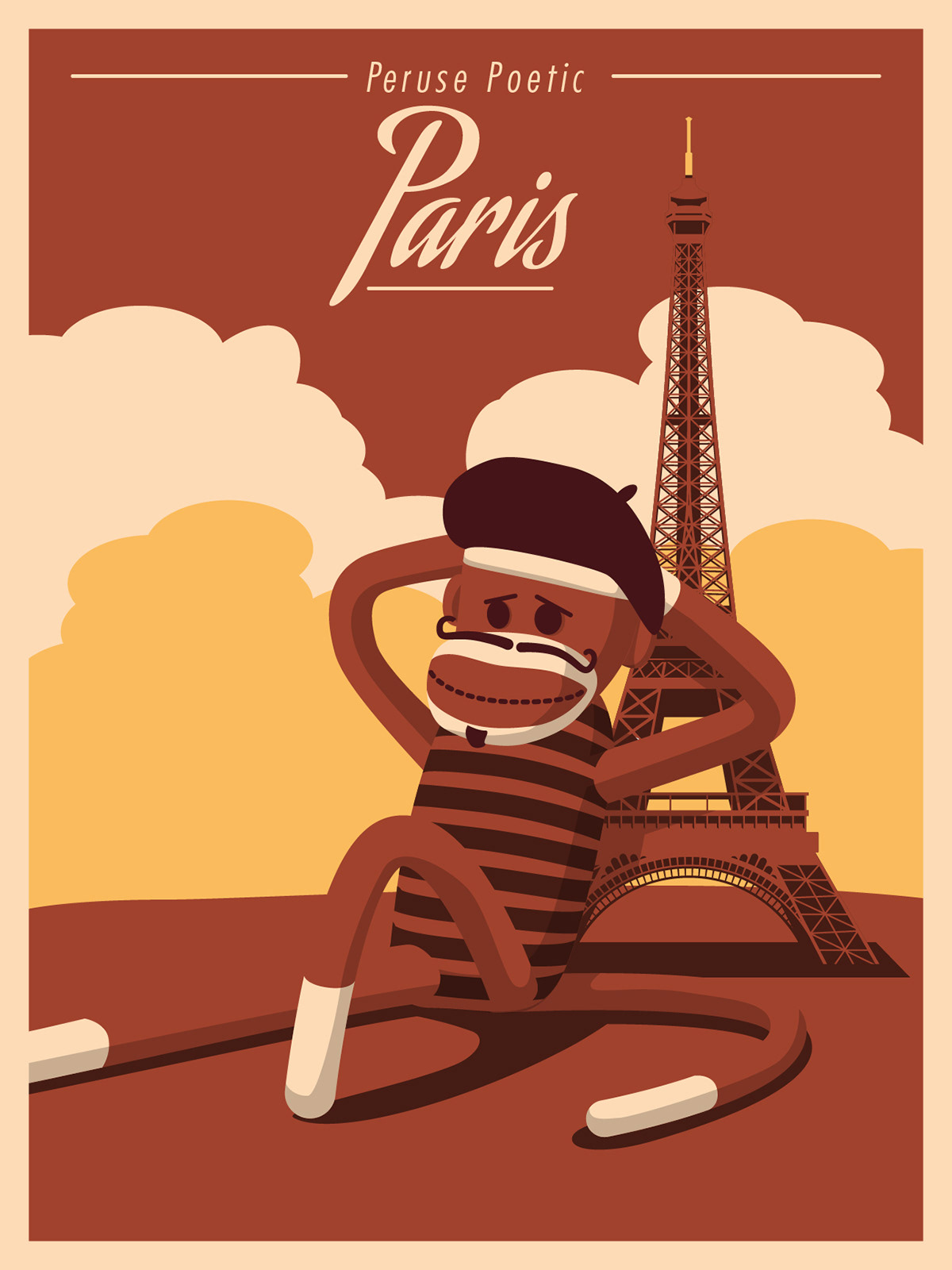 sock monkey travel poster vintage illustration World Travel china Paris egypt