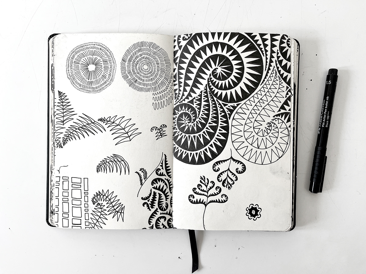Sketchbook by Stillo Noir of black and white pattern ideas inspired by Galicia, Spain