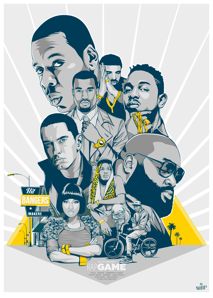 Jay Z Kanye West Rick Ross eminem nicki minaj Drake kendrick lamar tyler the creator Street hip hop rap banger hit vector poster