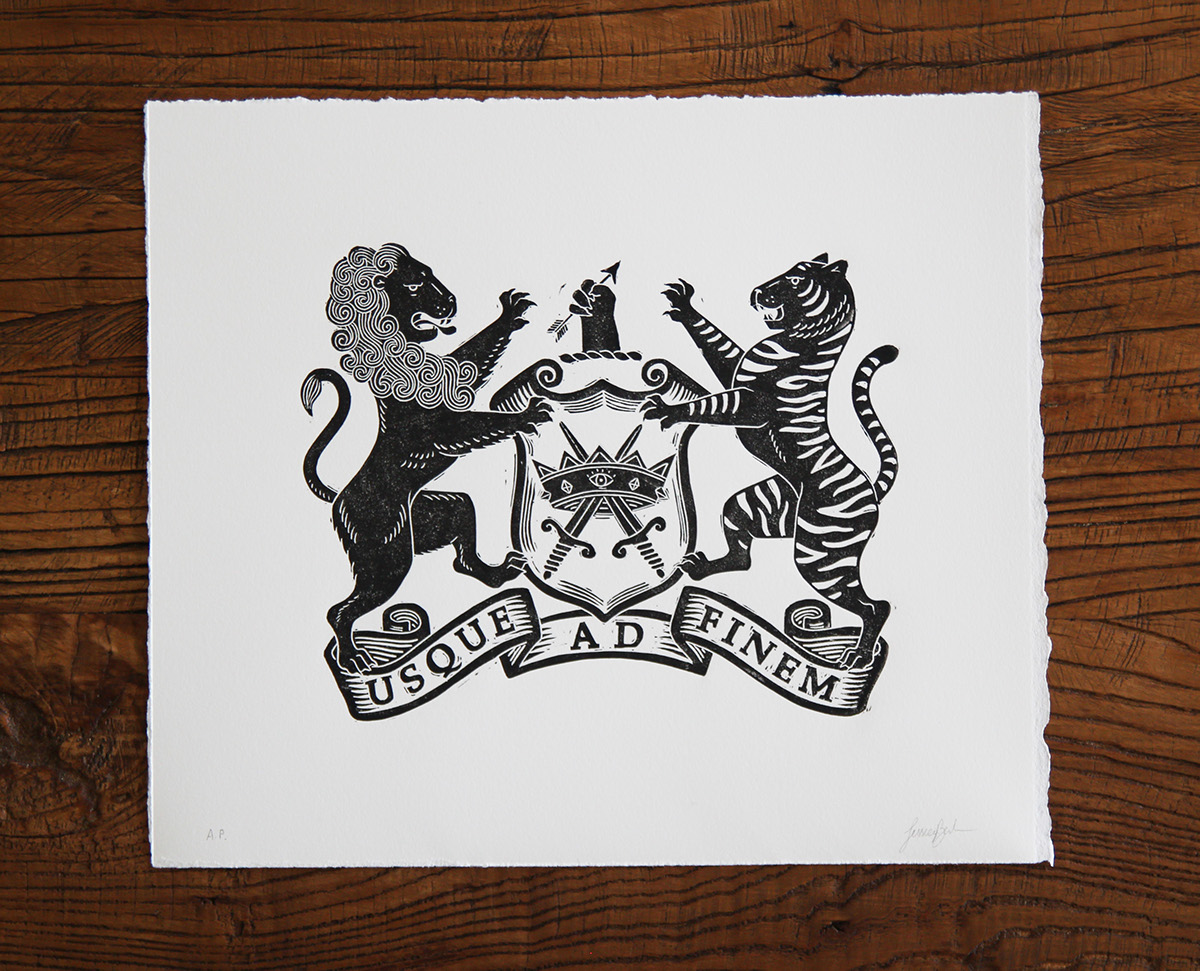 heraldry coatofarms rampanttiger rampantlion tiger lion printmaking linocut Linoprint crest