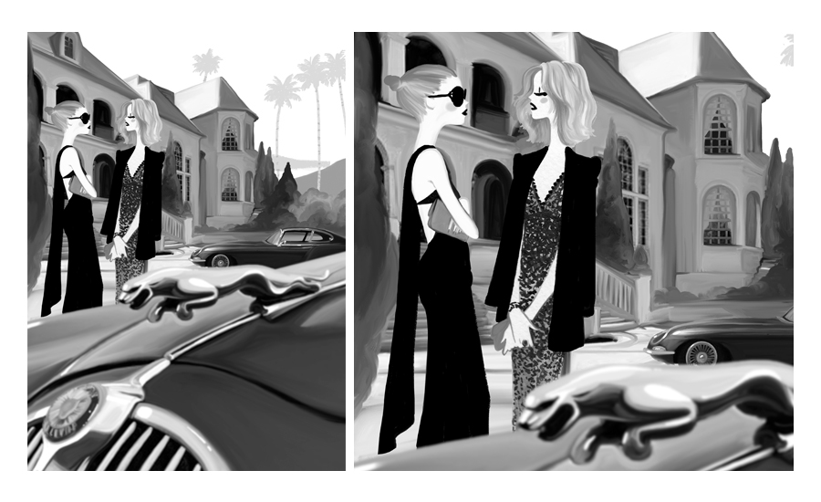 b&w black & white hollywood stars jaguar car sport car rich famous Style mid century glamour