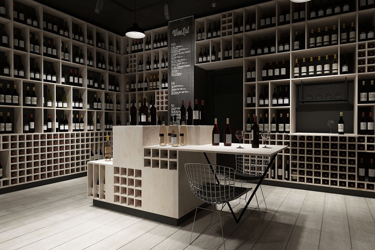 #interiordesign #winestore #wineshop #shelves #wine #interior #plywood