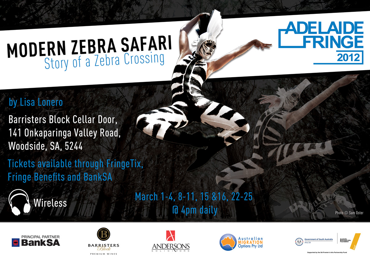 poster flyer banner advert print zebra dancing modern black White blue postcard adelaide Adelaide Fringe wireless forest Event dance event