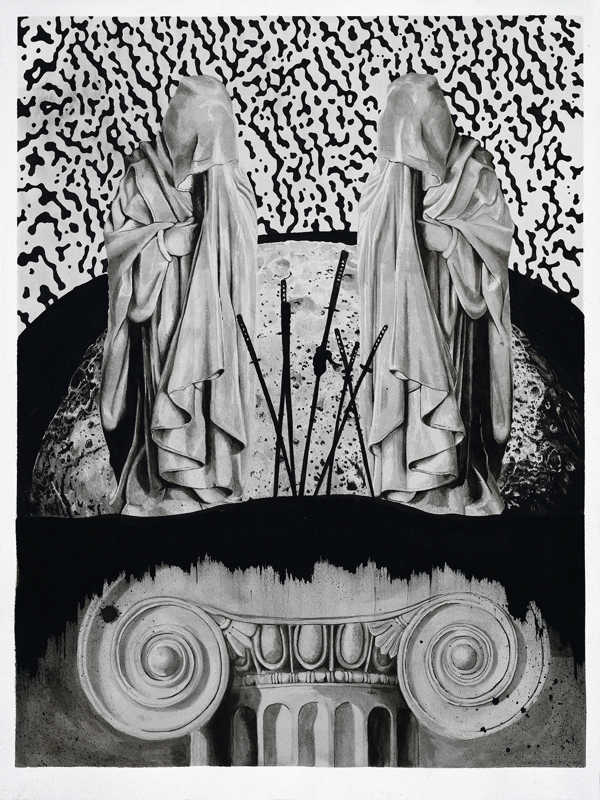 Matthew Rowean India ink black and white monk mythology process New York nyc art fine art pop contemporary