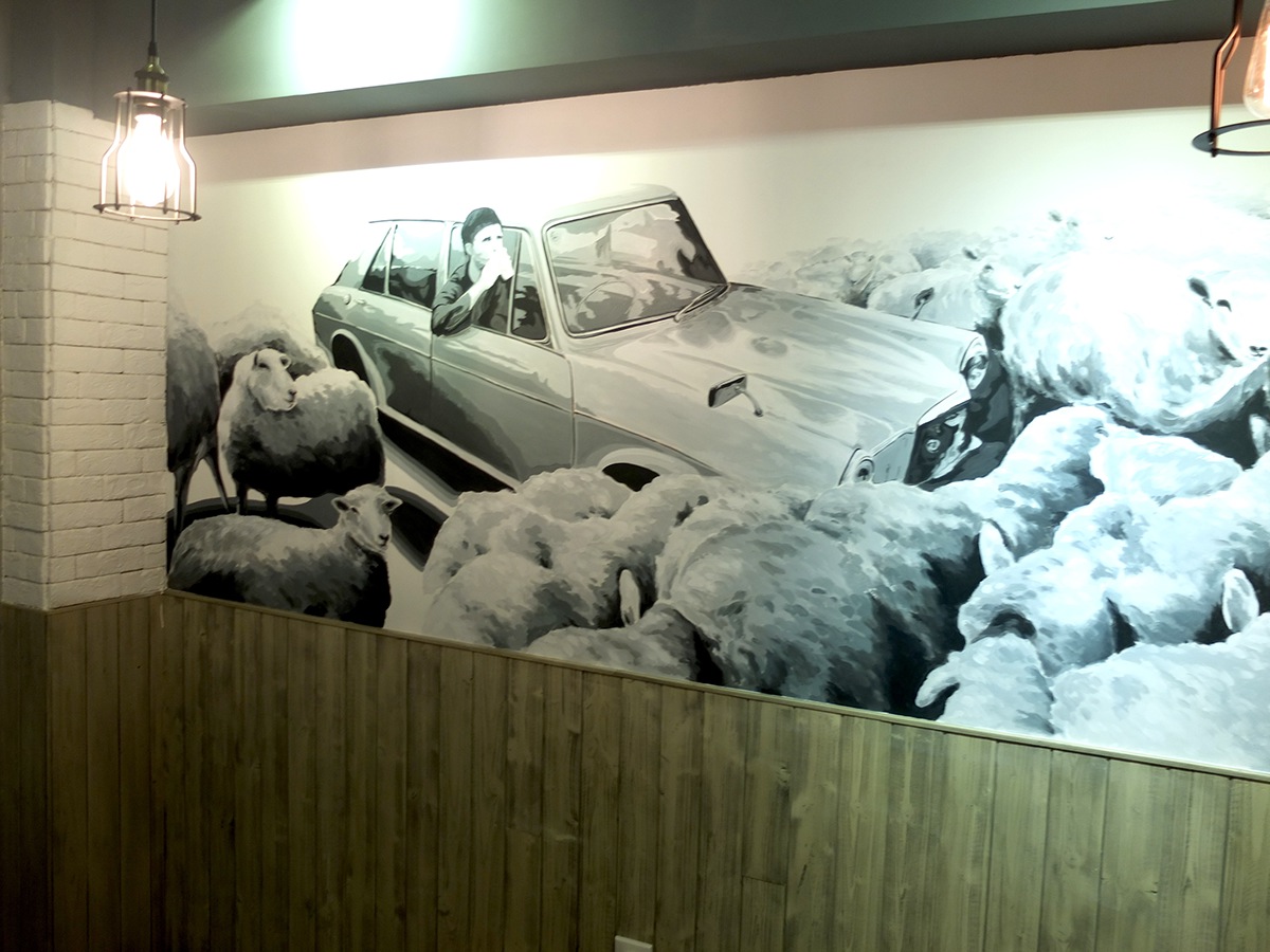 cafe restaurant coffee shop wall painting black and white Style Mural