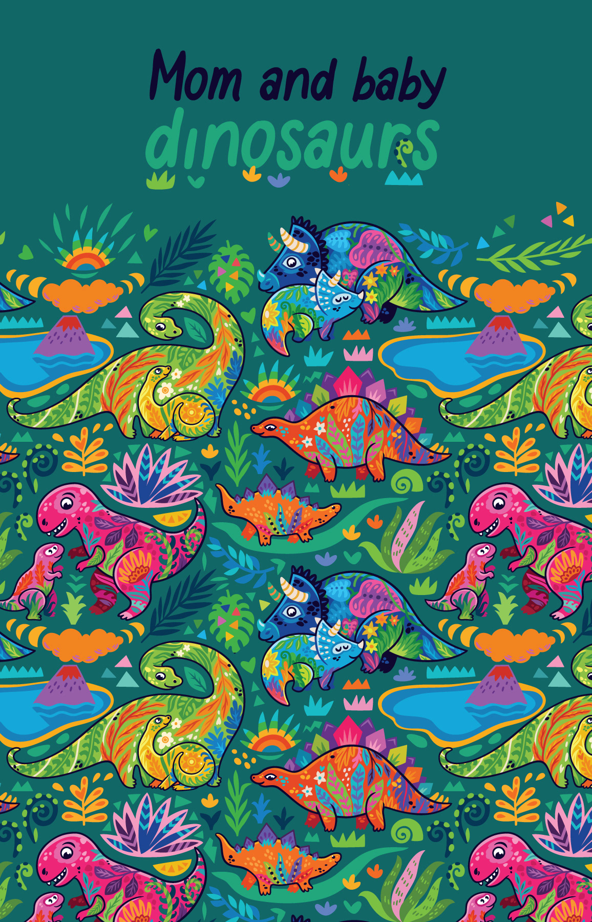 dinosaurs seamless pattern fantasy cartoon Character animals Jurassic Period floral decorative