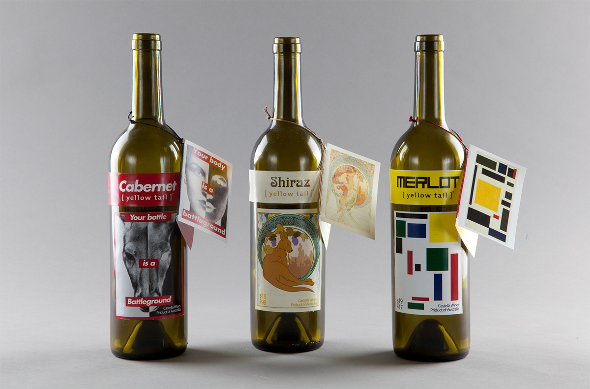 YELLOW TAIL wine bottle art nouveau Barbara Kruger Mucha postmodern de stijl Theo Von Doesburg