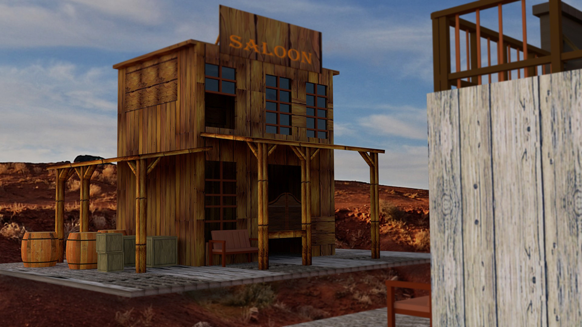 3D village wildwest desert animation  house Tree  cartoon