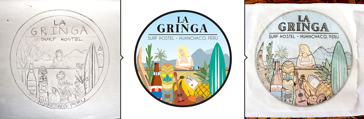 logo hostel hotel surfing South America Pineapple hand drawn