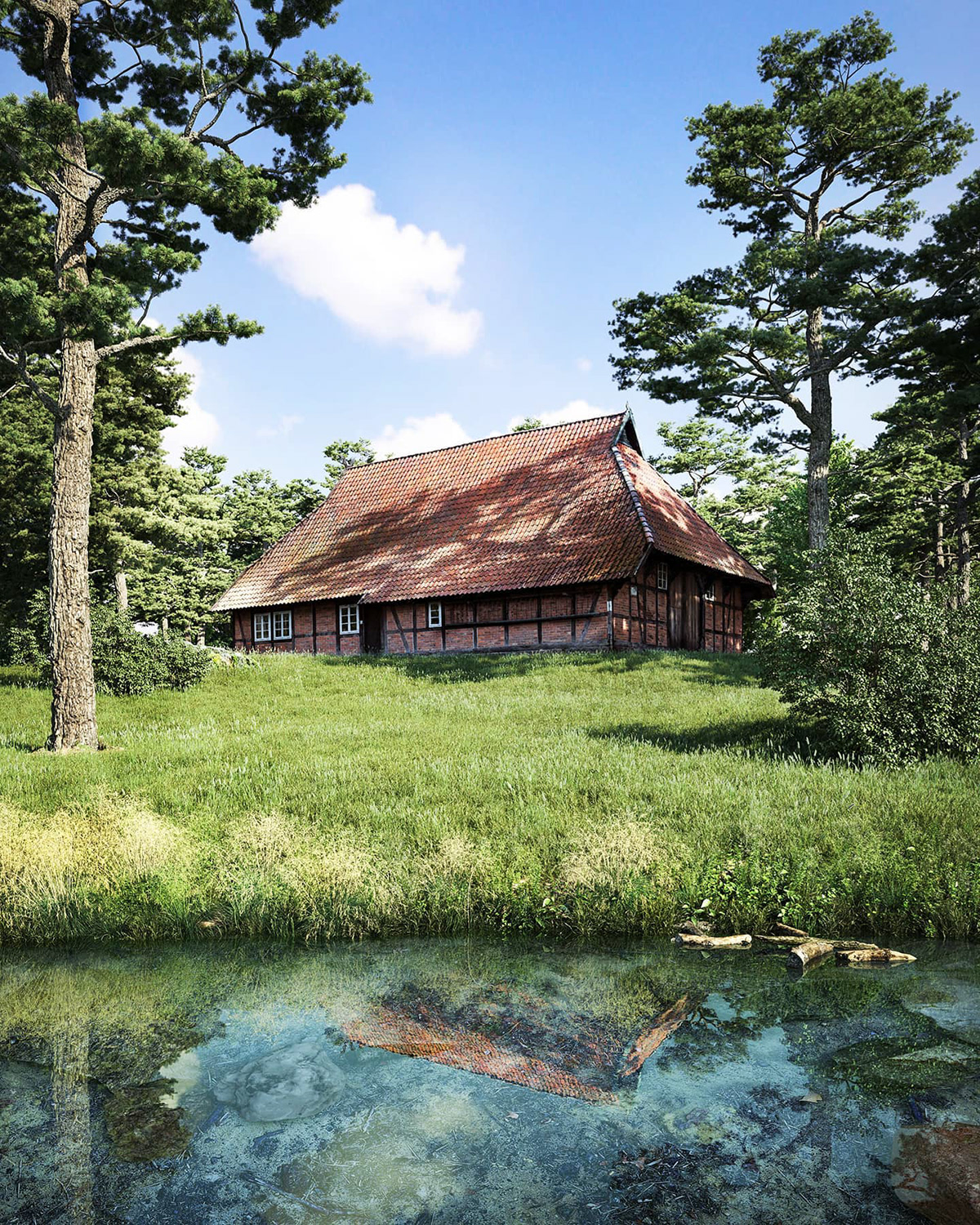 3drender archviz CGI exterior Lake house Nature rendering