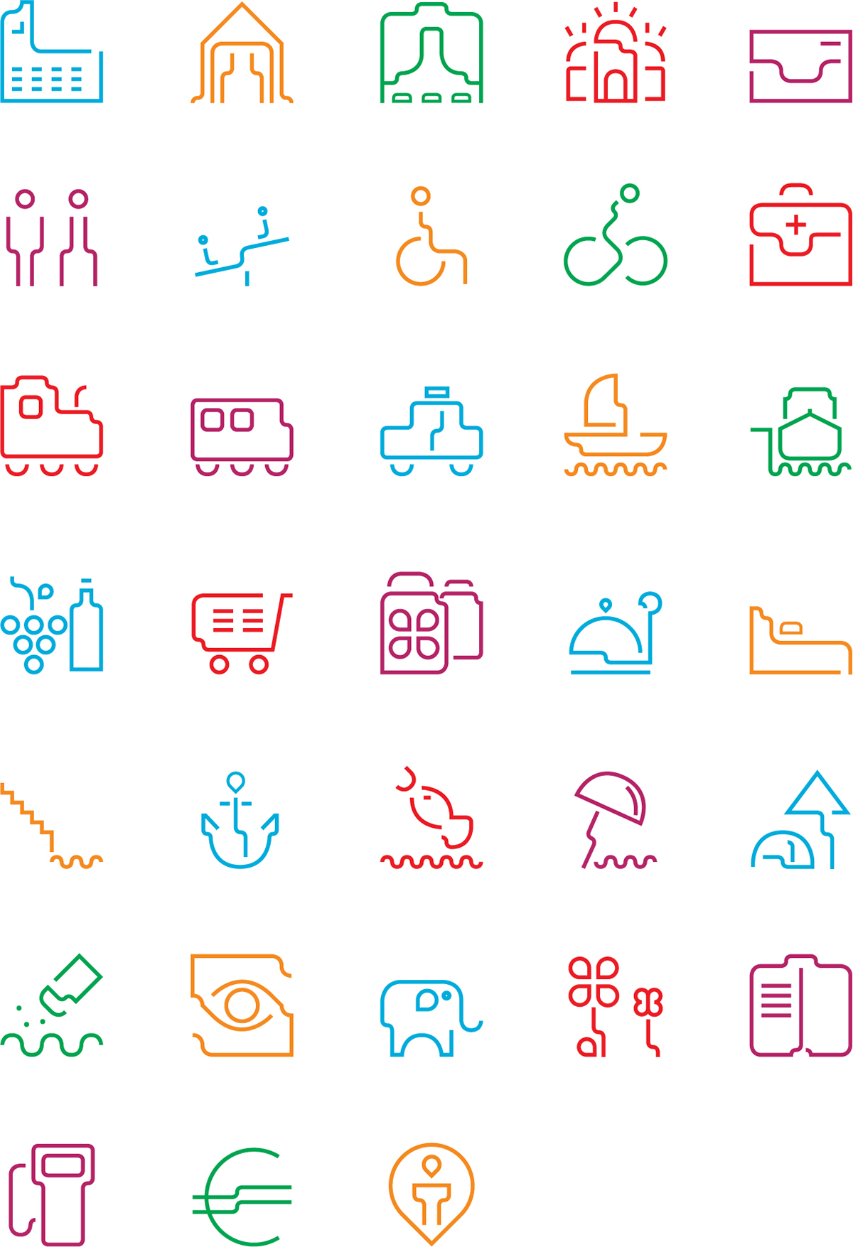 icons pictograms city pharmacy beach fishing cityhall library groceries mall bus taxi train boat toilet