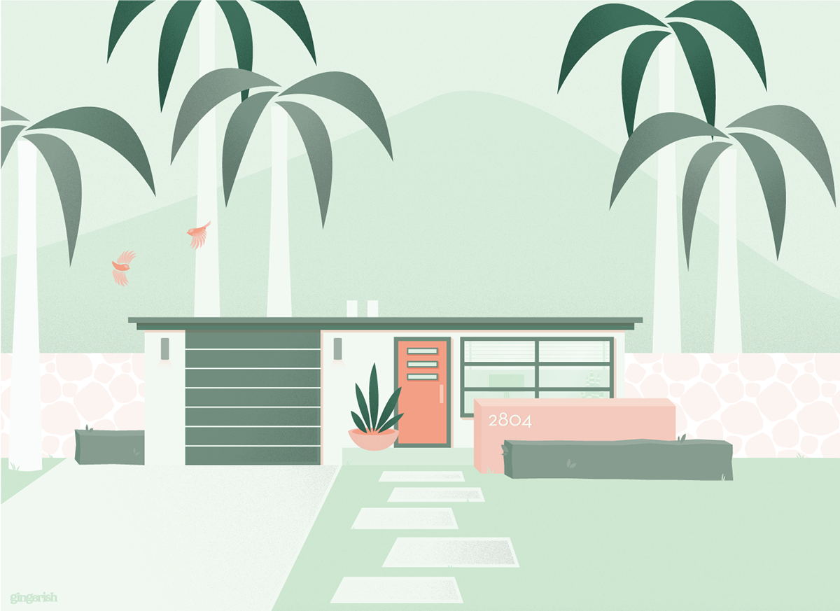 houses Mid Century modern vector pink green Retro vintage Homes