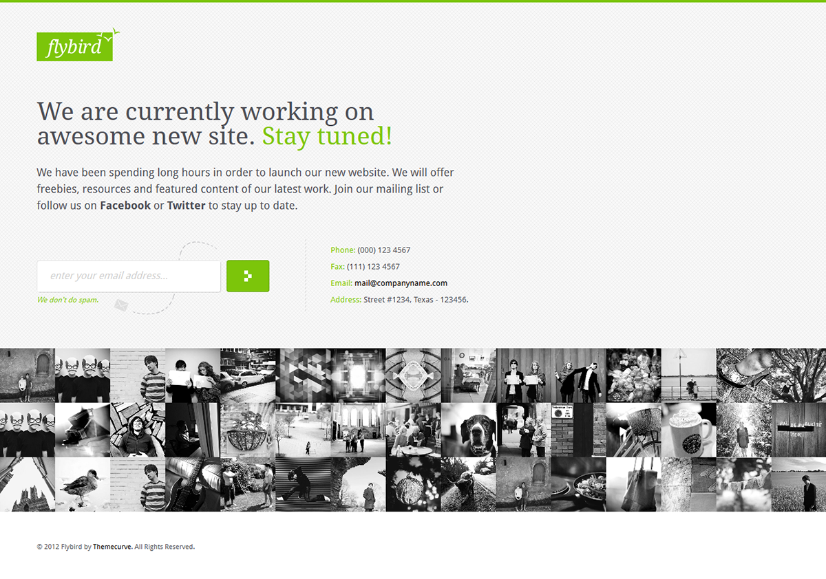 under construction page  coming soon  flybird green  light  dark  creative  minimal  animated  Gallery  countdown  timer