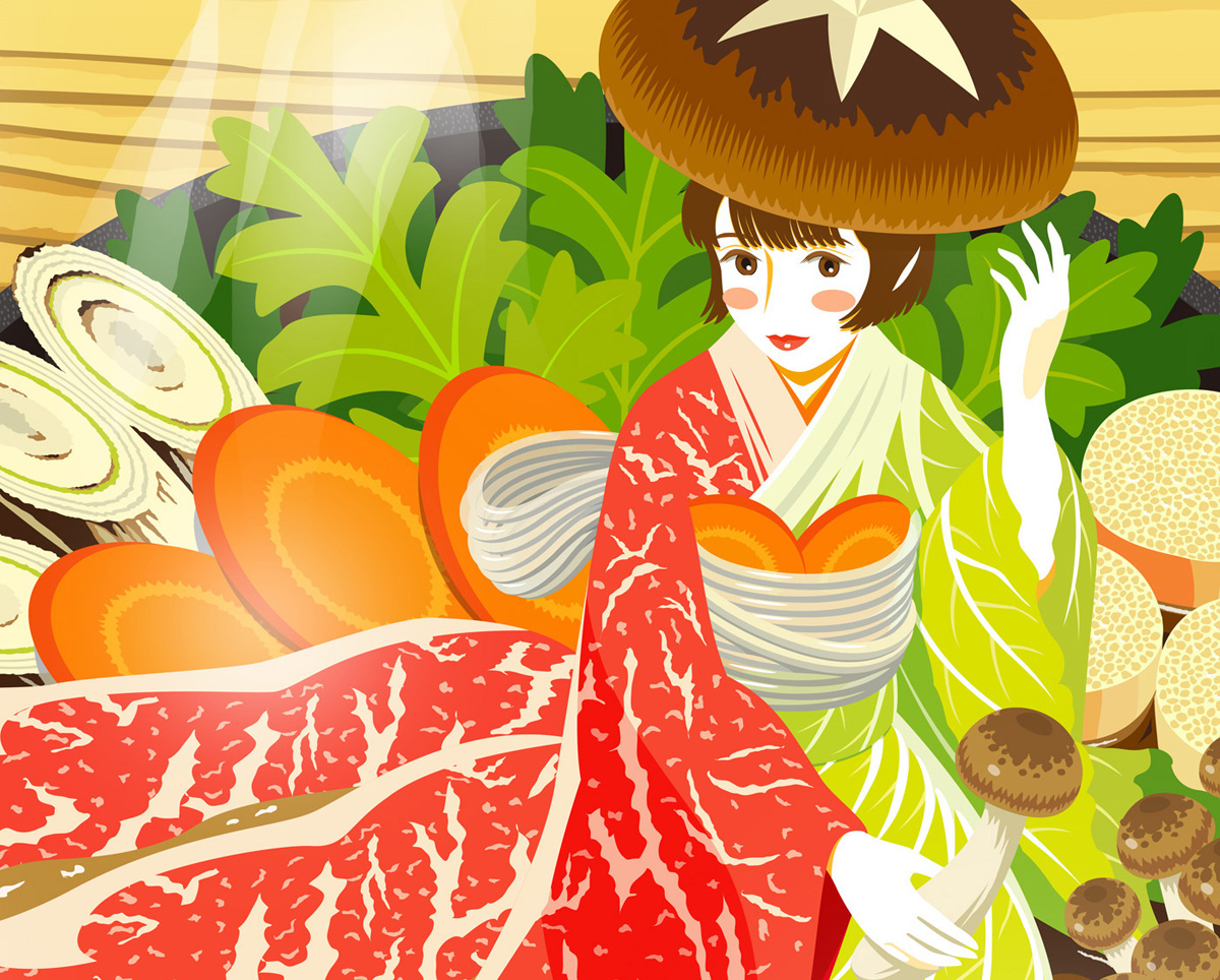 female fancy girl japan Food  sukiyaki Character colorful digital vegetable