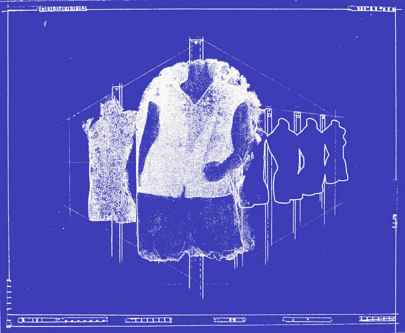 mannequin collage Plus-size woman line Blueprint pen ink transfer idealism