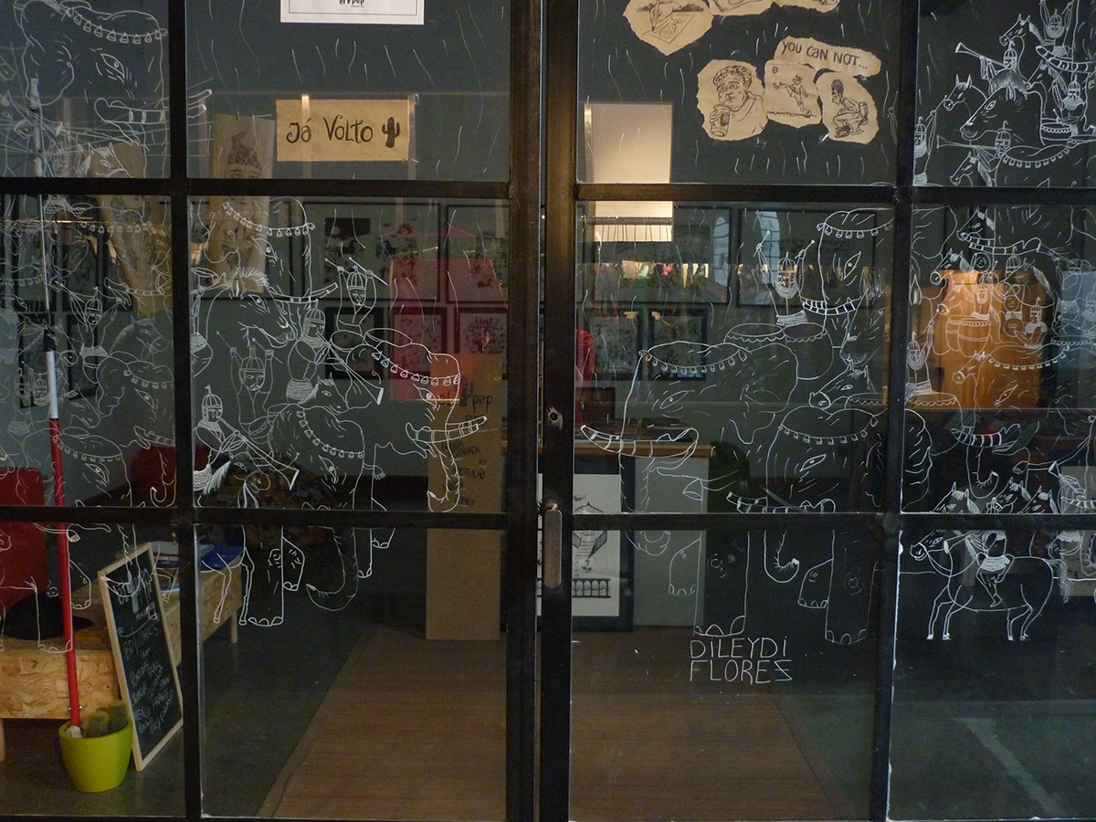 glass Window el pep gallery artistic intervention drawing every where pen Mural