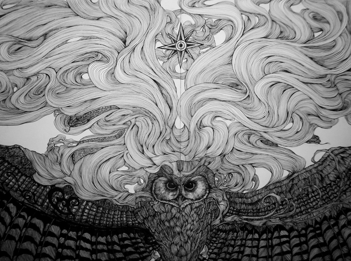 Rotring ink Black&white owl wings goddess ishtar Inanna lion dove wind hair