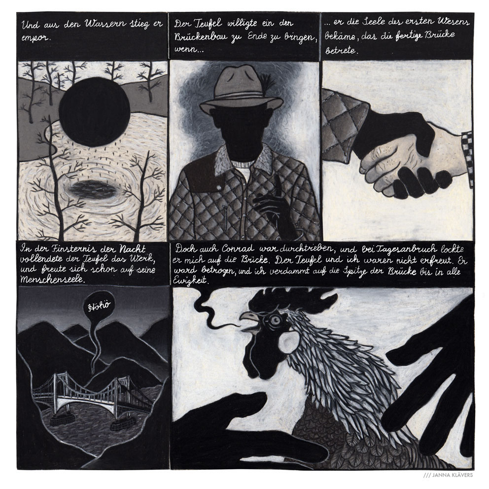 comics animals devil Rooster black and white painterly bridge narrative legend fate
