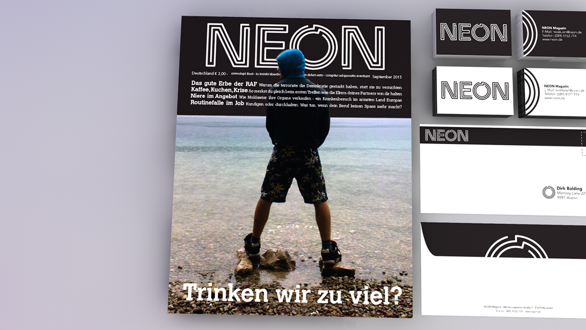 neon magazine business card envelope logo redesign