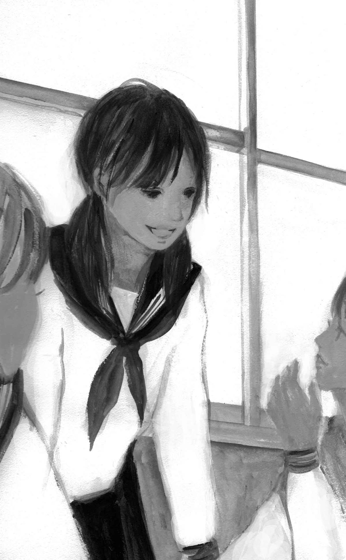 black &white novel story girl boy student school sad acrylic Landscape