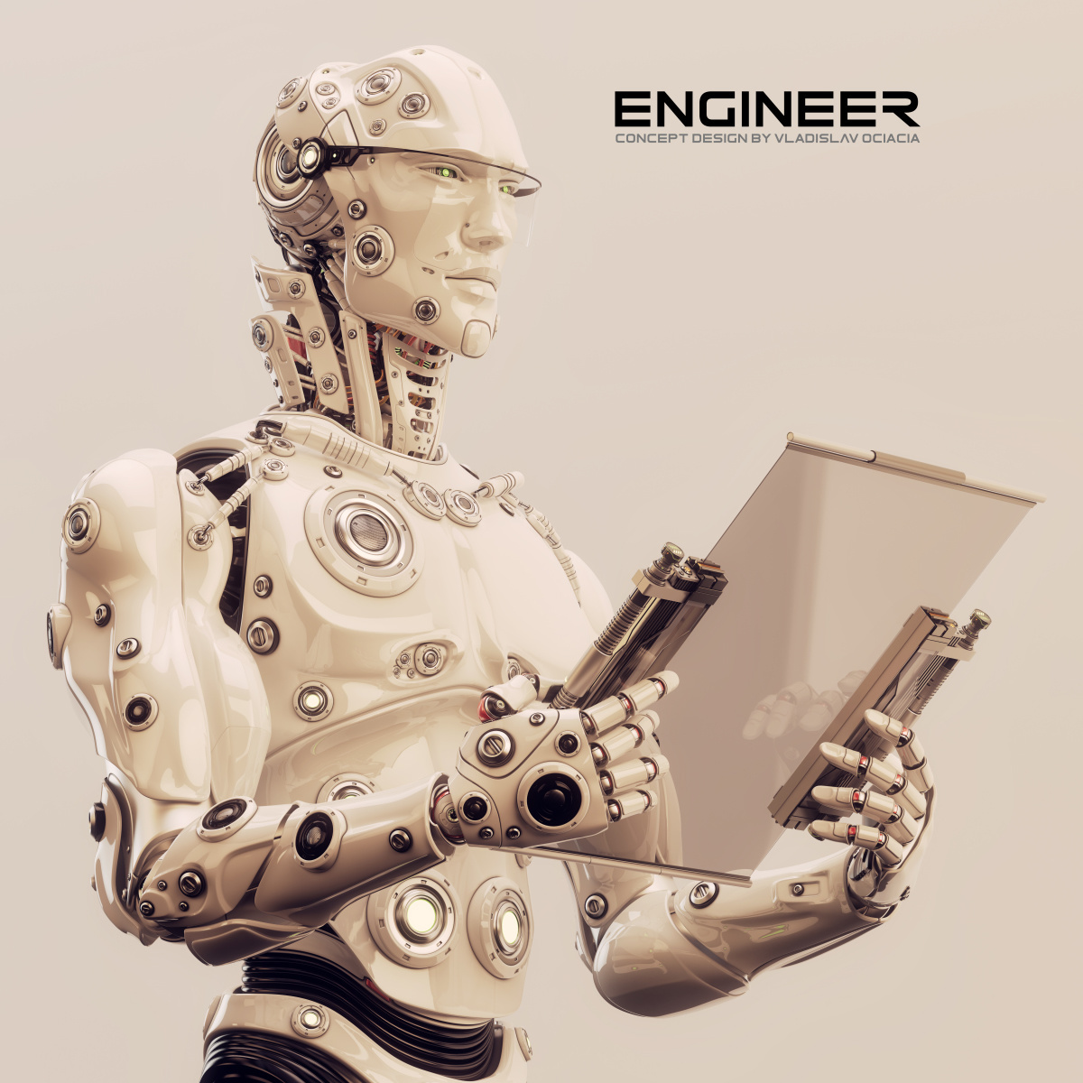 robot engineer robotic Helmet table futuristic artificial new generation man handsome strong profession