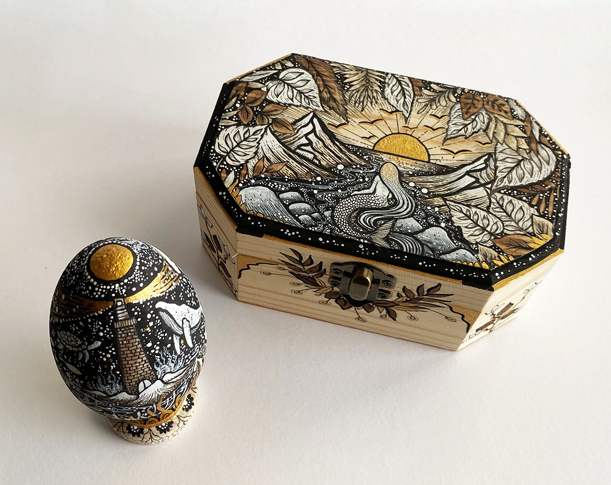 Illustrated Wooden Eggs animals dragon Drawing  Easter fantasy art ILLUSTRATION  keepsake box painting   wood art