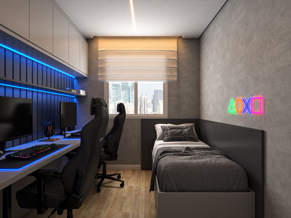 Gamer home office architecture archviz interior design  bedroom design color blue red