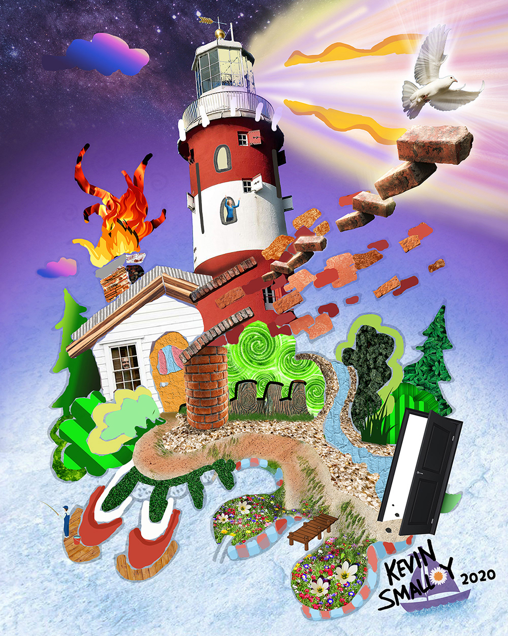 childrens book collage Drawing  kevin Landscape lighthouse media mixed Ocean smalley