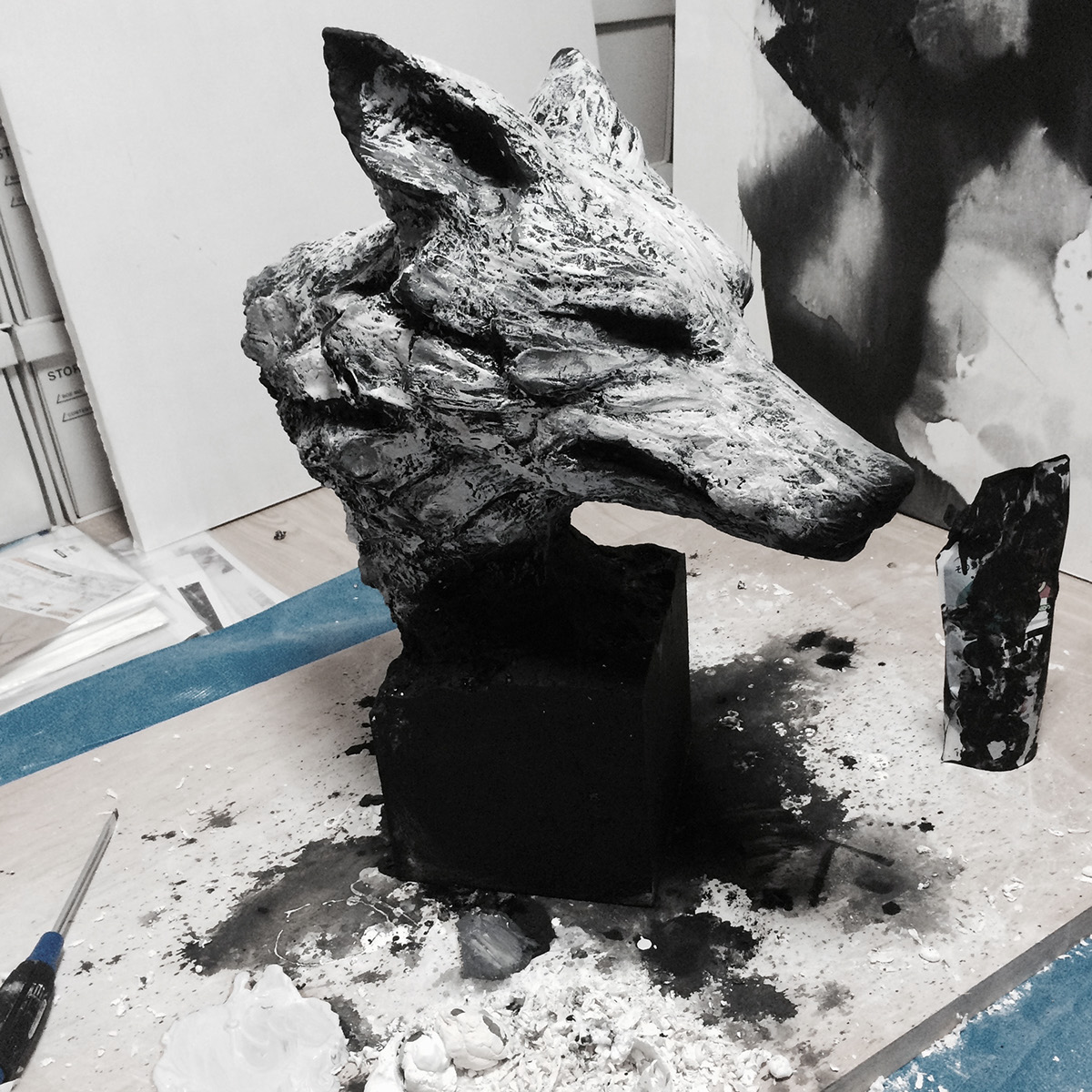 sculpture animal FOX futo 風当 clay black art