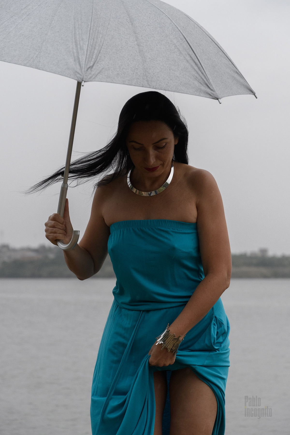 beauty blue glamour model Nude Model portrait rain river Umbrella woman