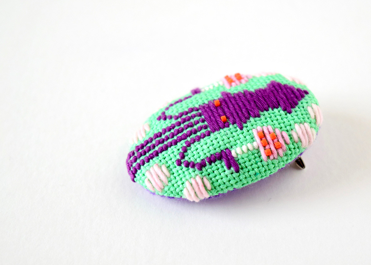mushroom Embroidery hine mizushima brooch pin craft handmade Kogin Squid 水島ひね