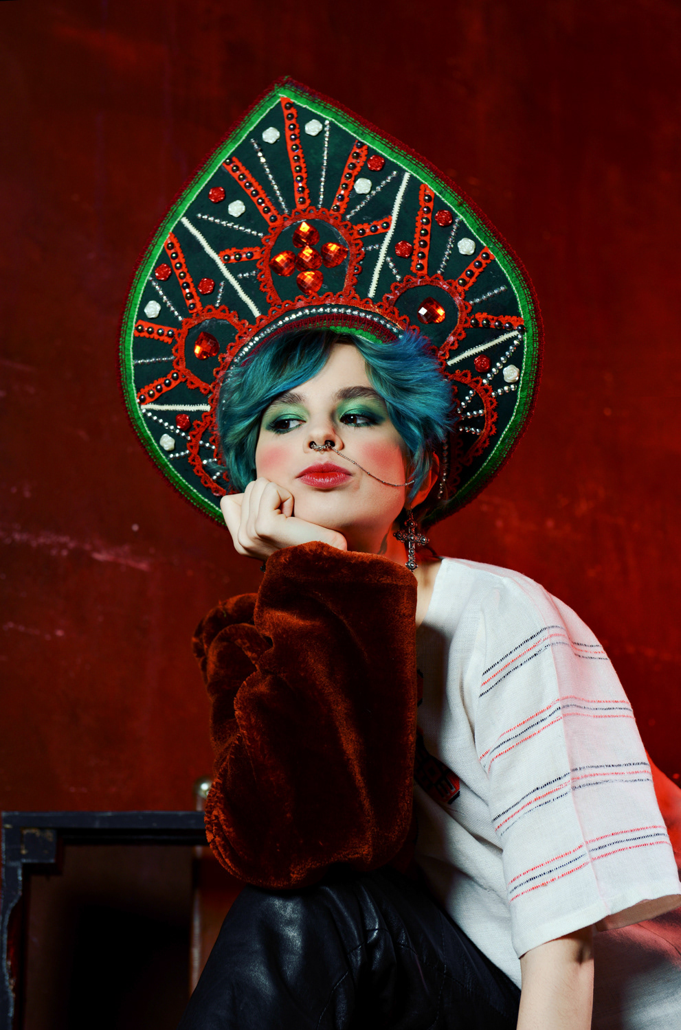 russian tradition Fashion  look girl beauty blue hair punk