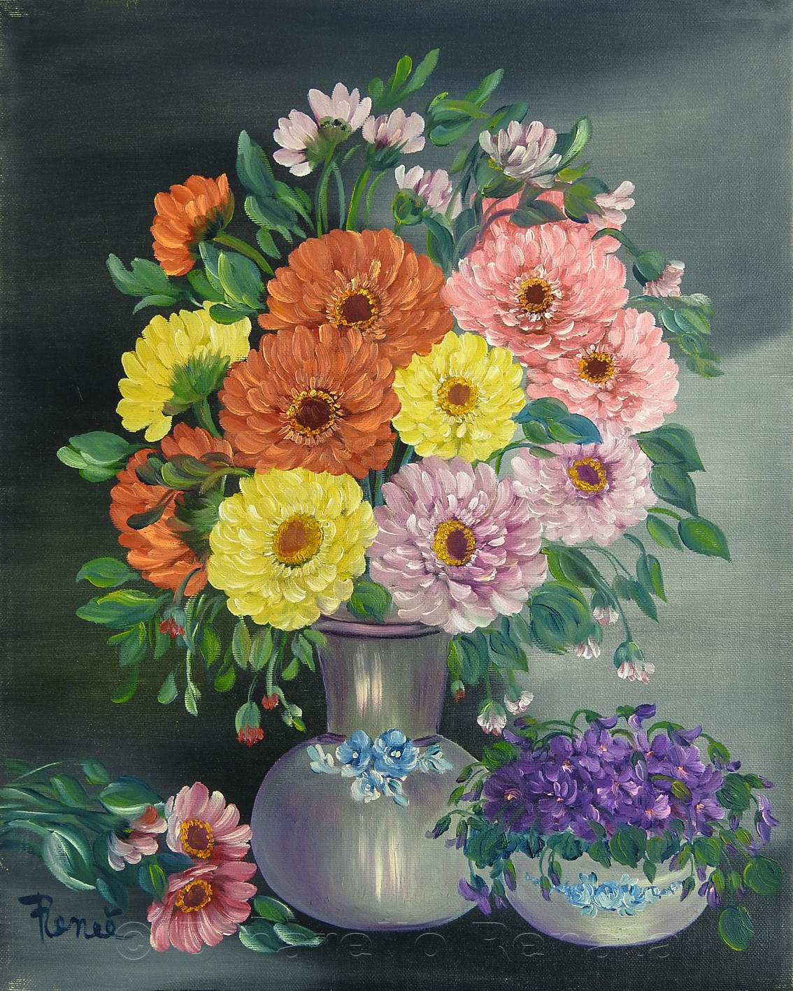 fine art oilpaint painting   oil on canvas Flowers zinnias
