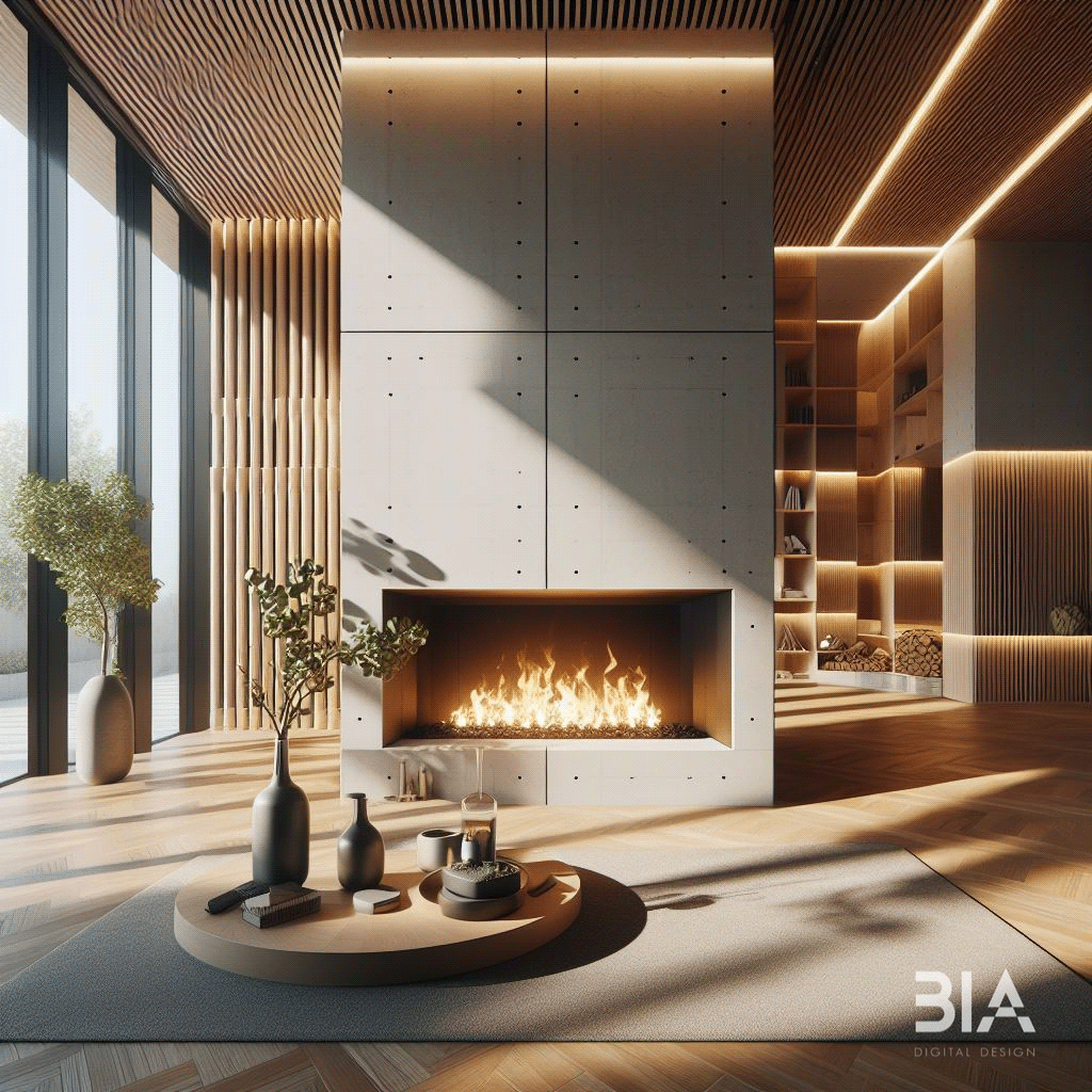 interior design  architecture Render visualization 3D modern fireplace living room design Advertising 