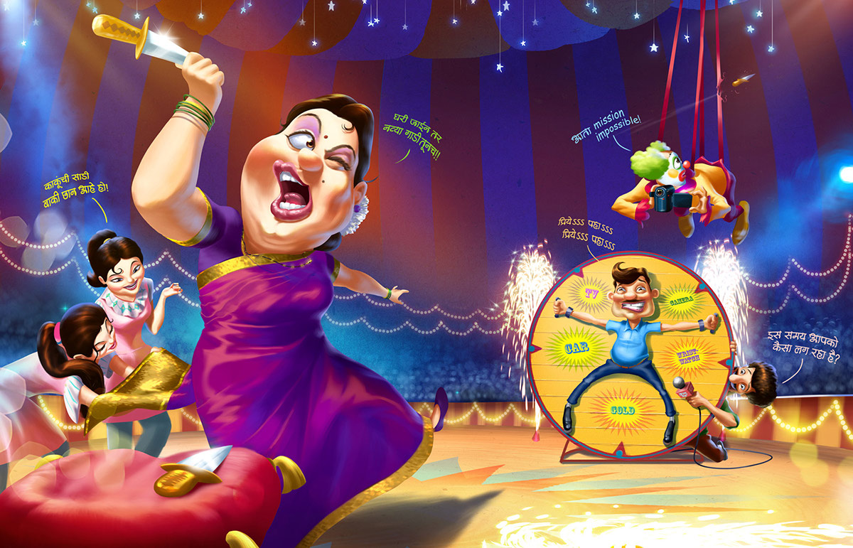 characters mihir joglekar  drawing  Digital illustration pune diwali fest sakal media group setu advertising humor Circus  stunts  art print colours  sketches  Shopping