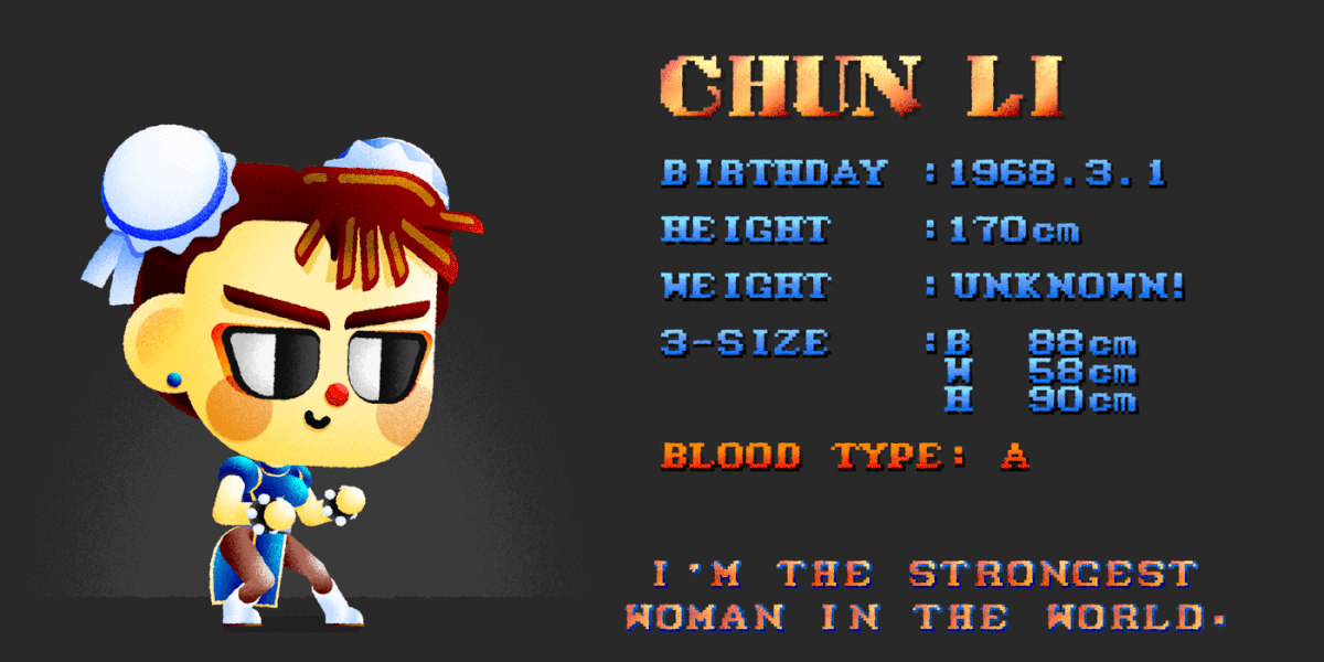 Character profile of Chun Li from "Street Fighter: The World Warrior" with all his details.