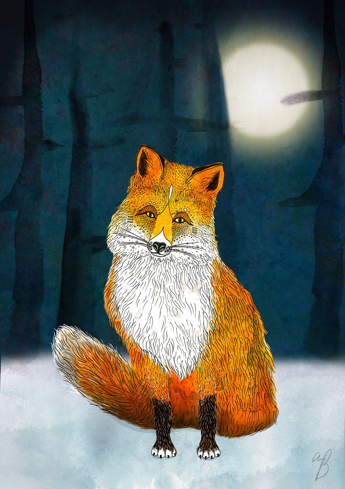 FOX animal moon woods watercolour orange snow trees night Nature book children's